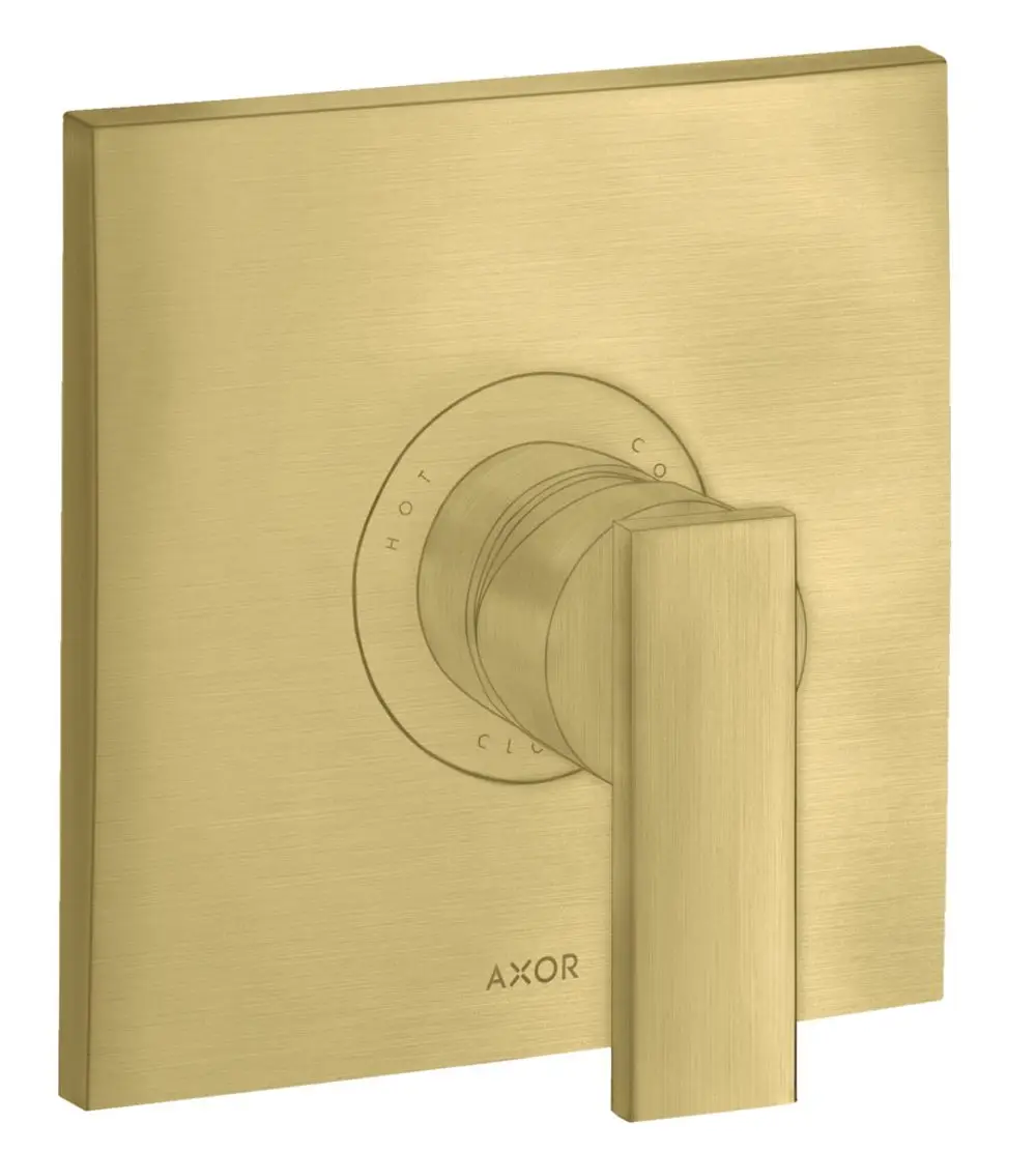 Unterputz-Brausemischer von AXOR mit rechteckigem Platten-Design in gebürstetem Messing und Hebelgriff zur Regelung von Temperatur und Wasserfluss.